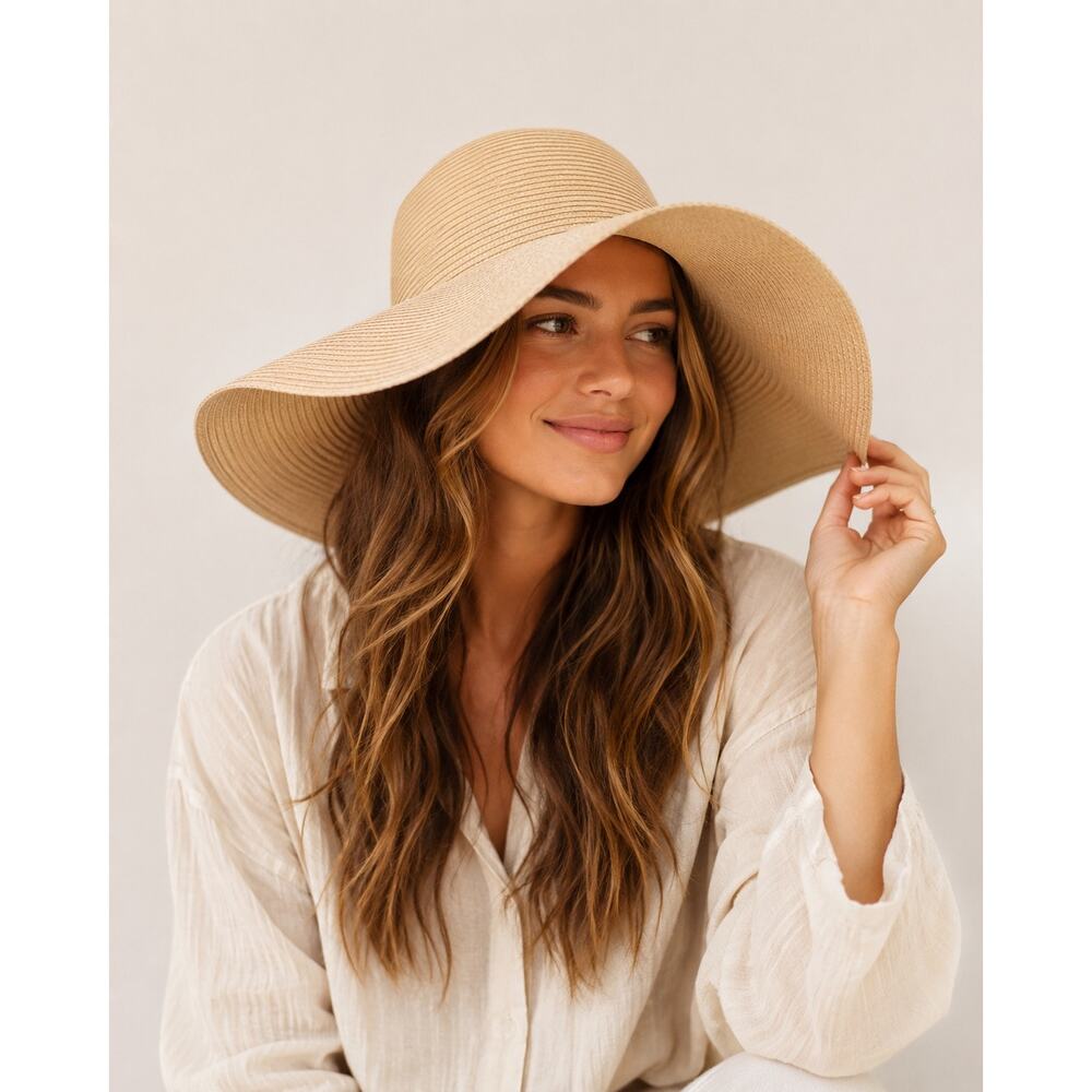Odiva Wide Brim Floppy Sun Hat One Size Beige Paper Straw Beach Resort Hat